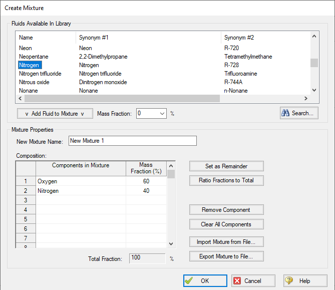 The Create Mixture window. This window allows you to create predefined mixtures for the model.